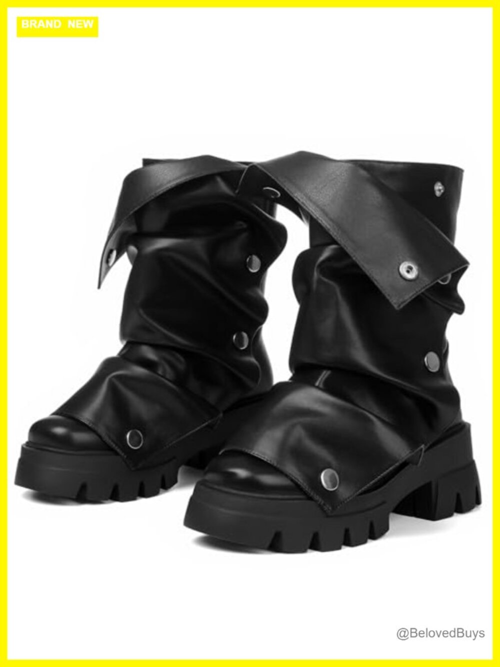 Slouchy Fold Over Mid Calf Boots Womens Platform Combat Boots PU